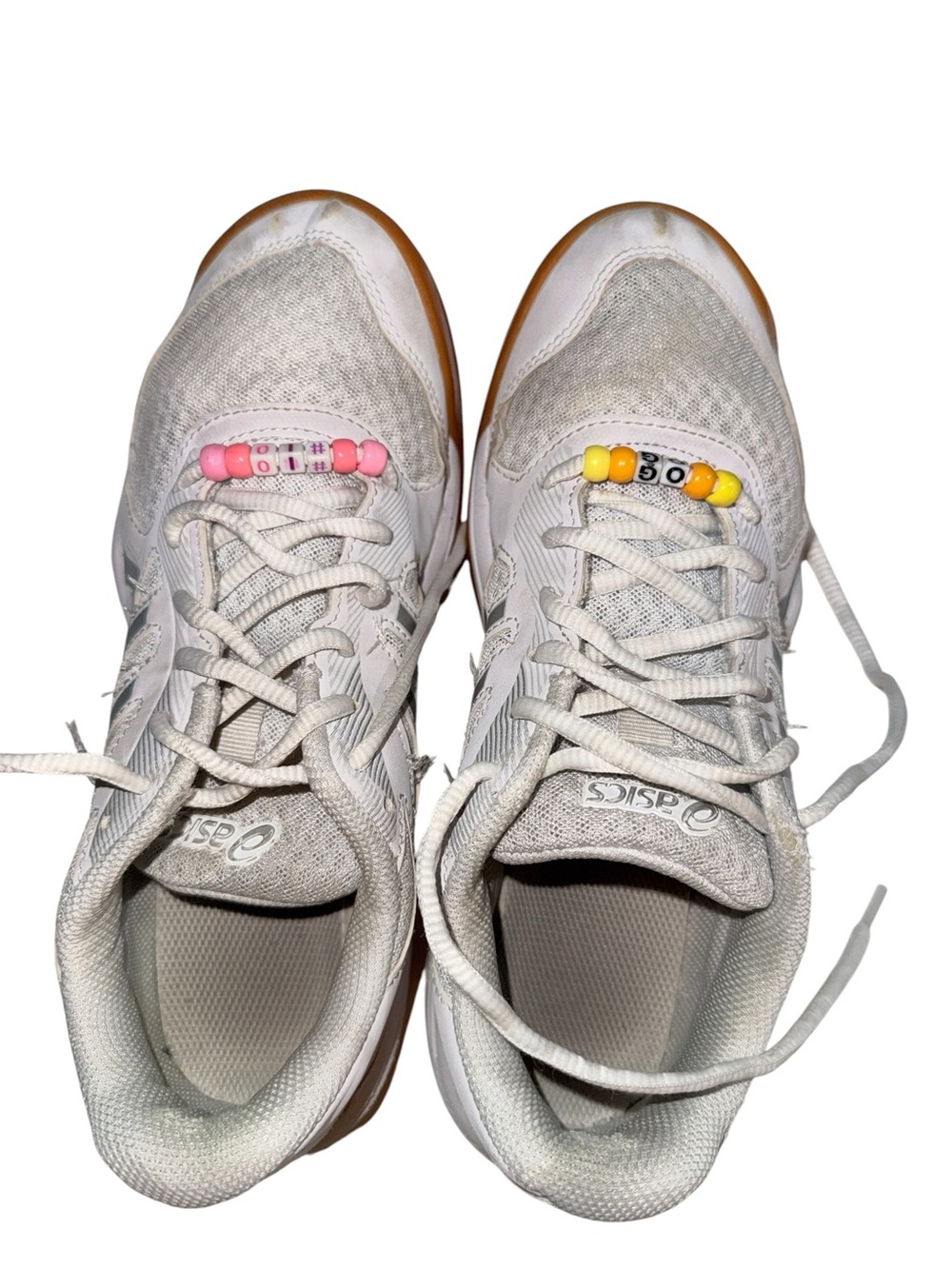 ASICS White Sneakers with Gum Soles and Pink/Yellow Lace Beads